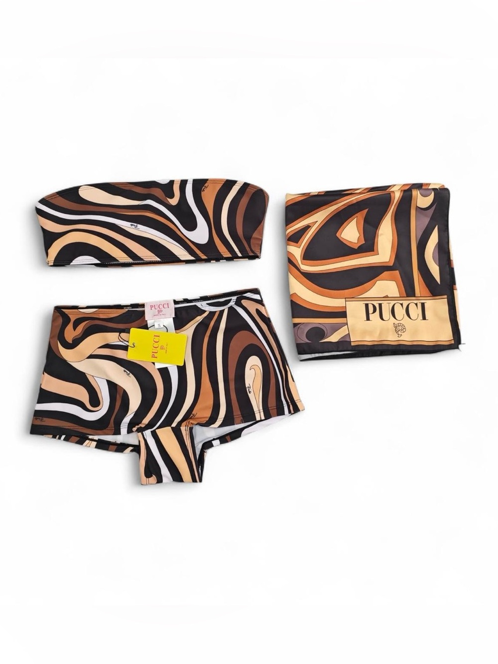 Pucci Inspired Brown & Gold Swirl Swimsuit Set with Matching Scarf